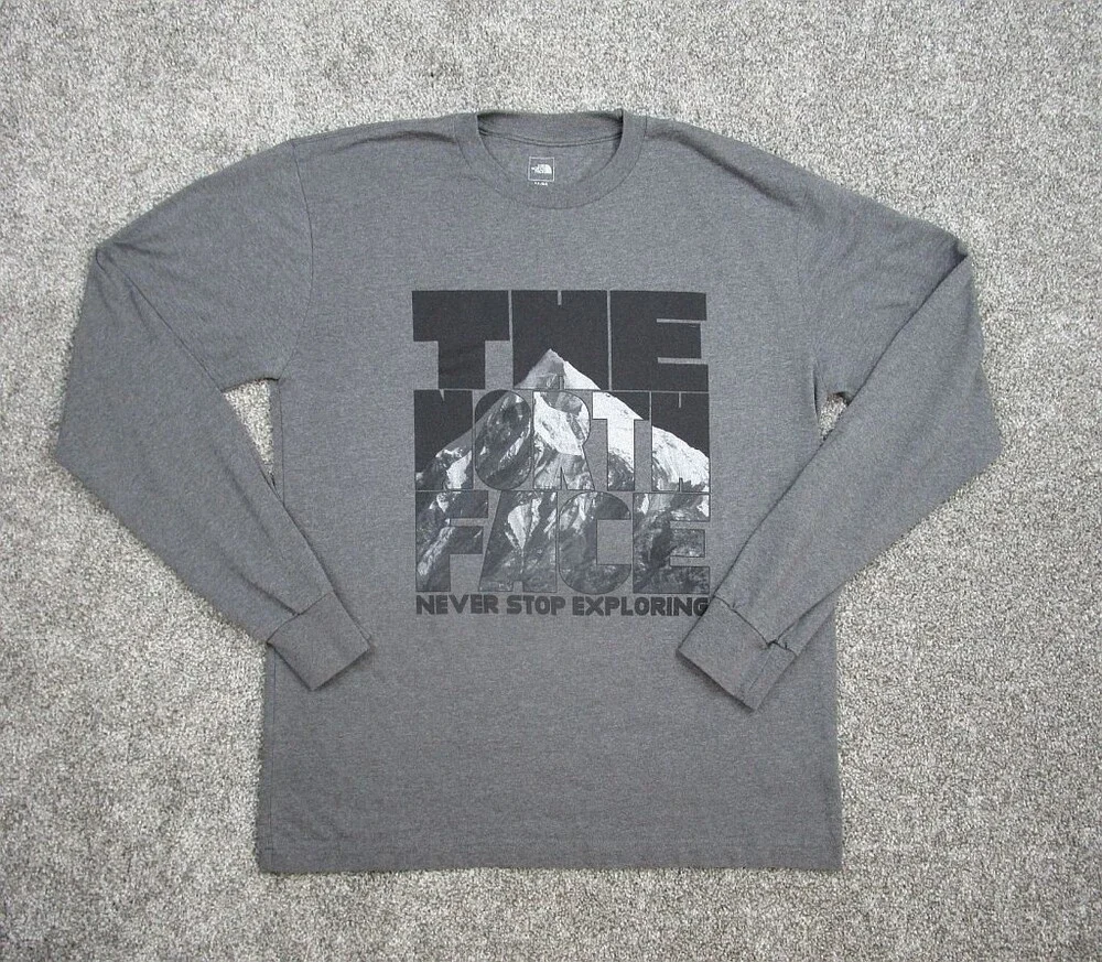 North Face Shirt Men Medium Gray Graphic Print Never Stop Exploring Long Sleeve